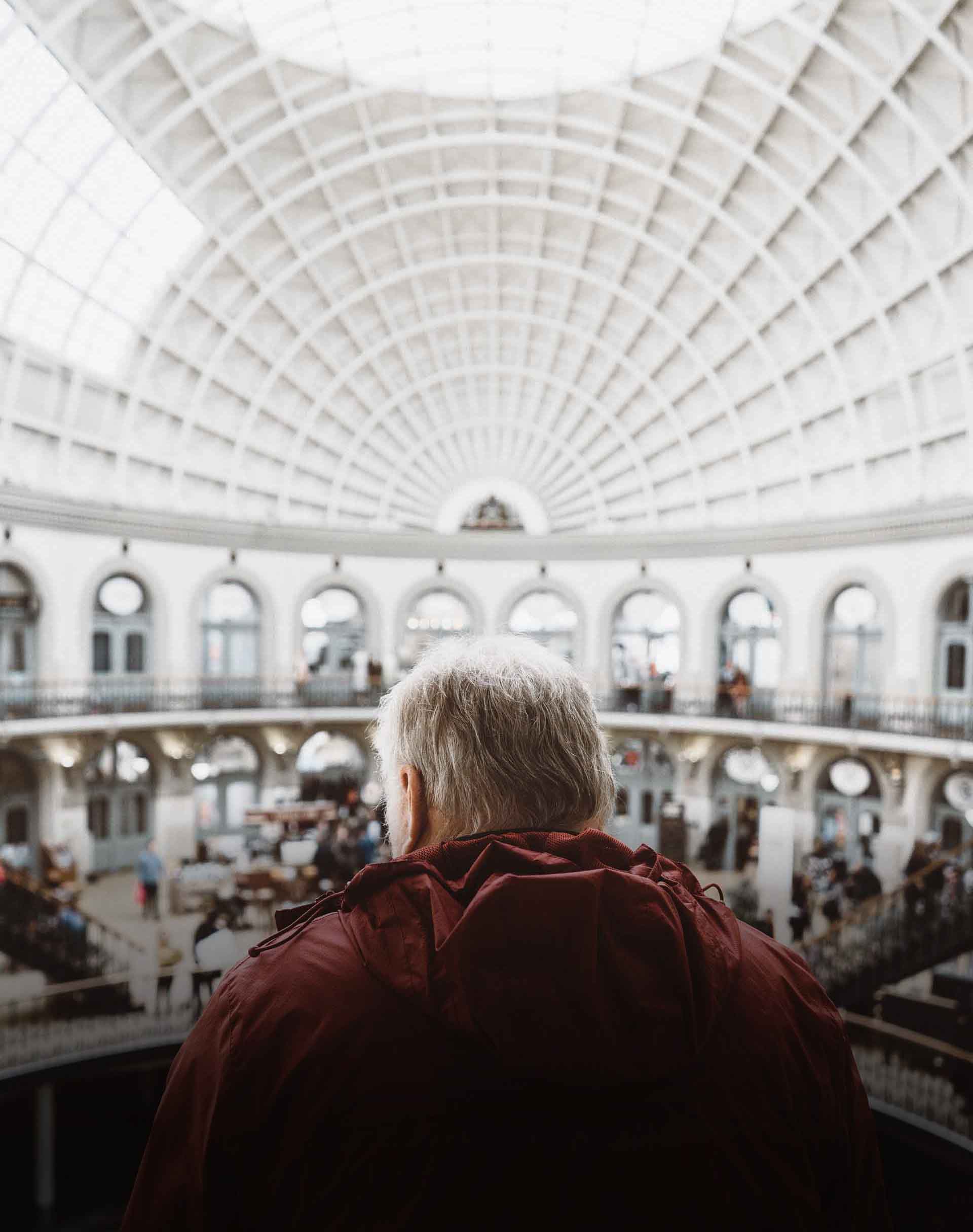 Man looking, back turned, inside a domed building